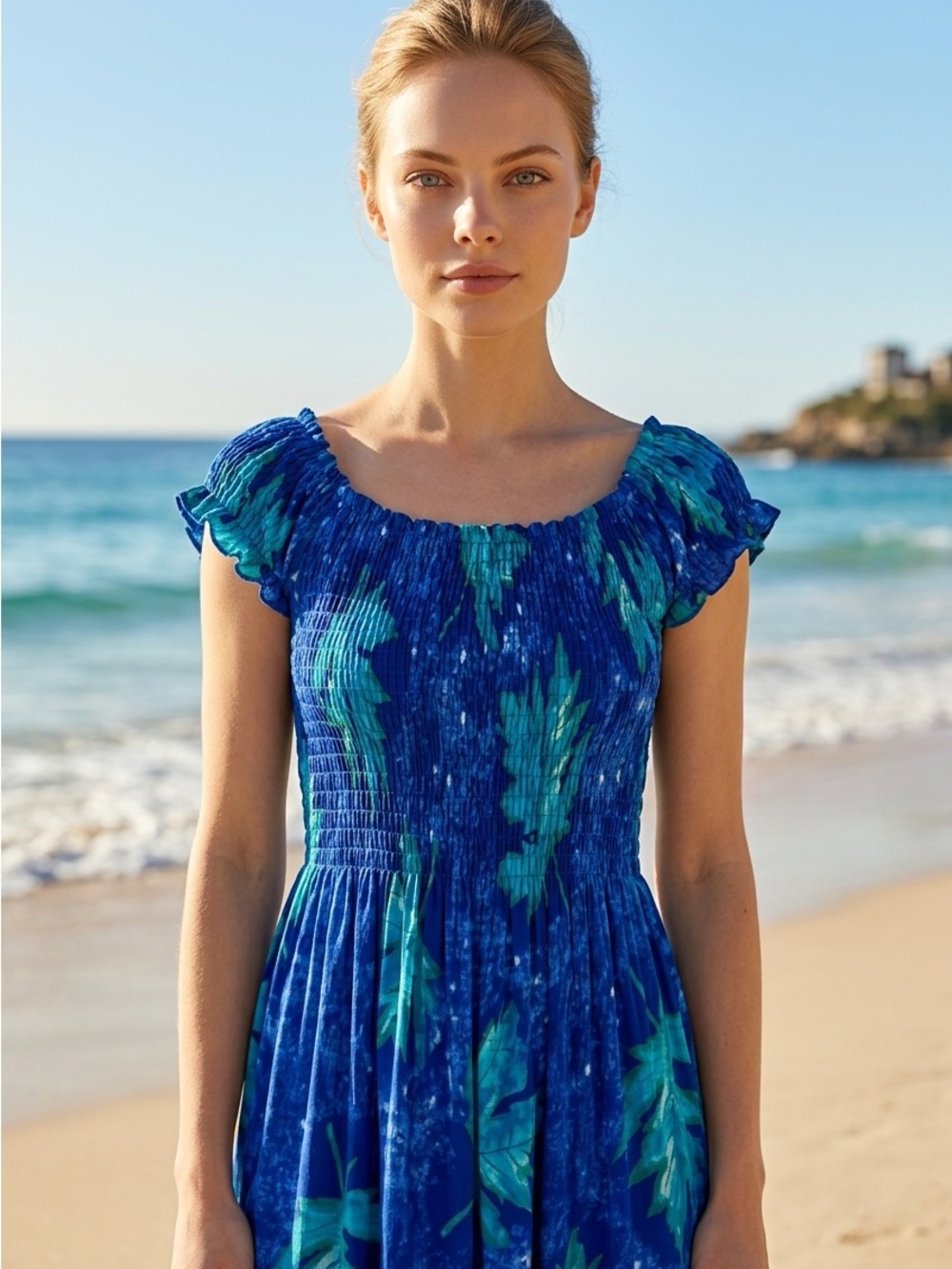 Papa Fashions Off-Shoulder Summer Beach Blue Floral Smocked Maxi Dress
Size M